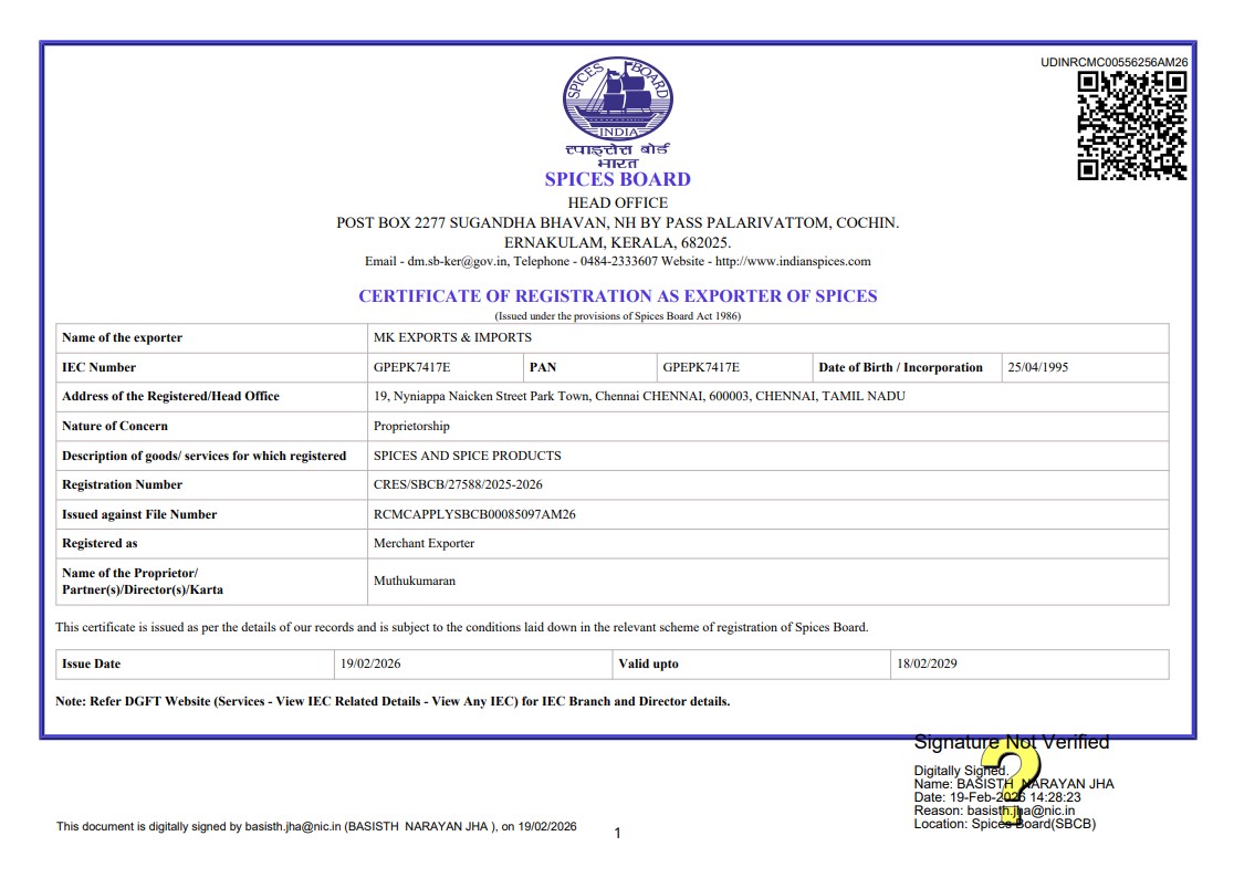 Indian Spices Board Certificate